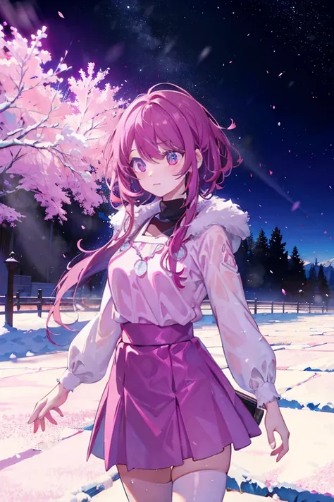 Anime girl with medium pink hair and purple eyes standing in the snow, anime moe art style, style of anime4 K, Anime art wallpaper 8 K, Anime art wallpaper 4 K, Anime art wallpaper 4k, Anime wallpaper 4K, Anime wallpaper 4 k, Detailed digital anime art, 4K...