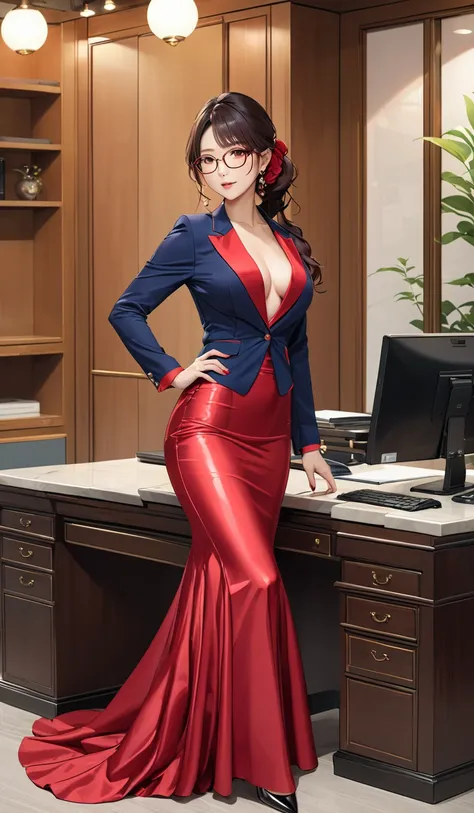 (masterpiece,highest quality,超A high resolution),japanaese girl with pony tail hair (((Very beautiful 35 year old girl))), pretty woman, a woman in the mermaid long train silk red skirt,the skirt is very long, full body, wear blazer, wear sexy blouse, wear...