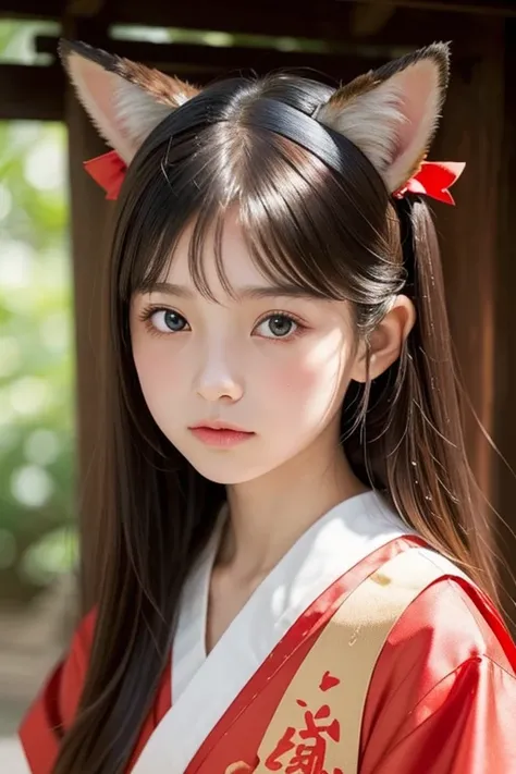 Small fox ears、one girl, (a beauty girl, delicate girl:1.3), (12 years old, change:1.3), break,((Shrine maiden&#39;s costume)),(Brown fox ears) break, Definition of very fine particles, (Symmetrical eyes:1.3), break, (alley, Kyoto:1.3), perfectly trimmed f...