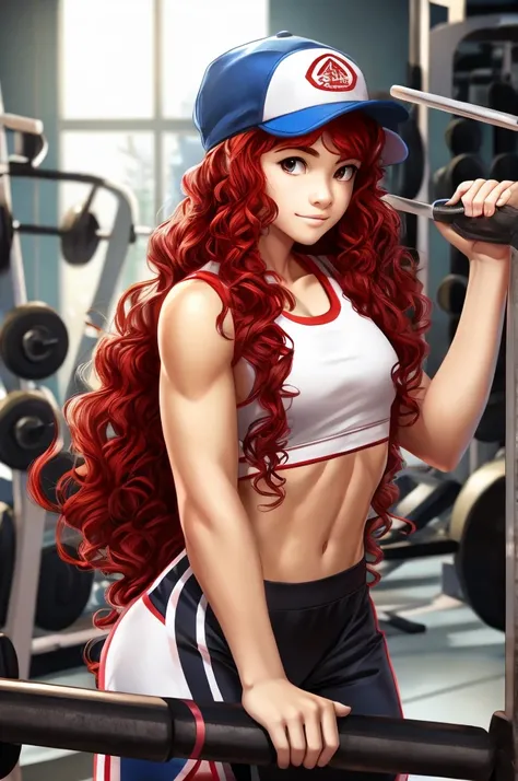 Create a girl with long red hair is white and with curly hair in the gym comes a boy with white teas and short brittle hair and cap 