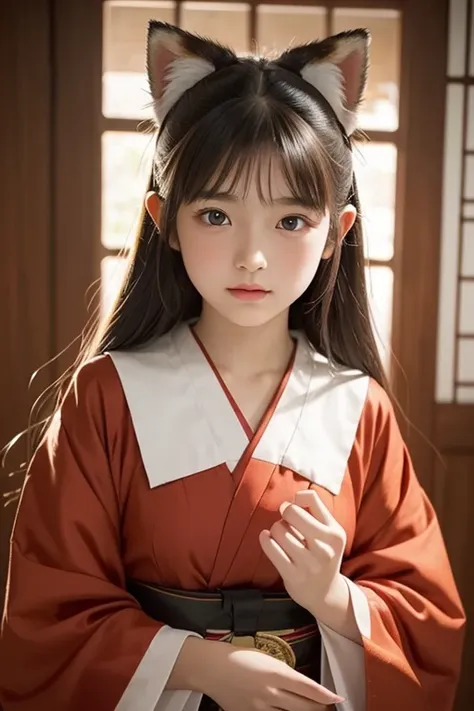 Small fox ears、one girl, (a beauty girl, delicate girl:1.3), (12 years old, change:1.3), break,((Shrine maiden&#39;s costume)),(Brown fox ears) break, Definition of very fine particles, (Symmetrical eyes:1.3), break, (alley, Kyoto:1.3), perfectly trimmed f...