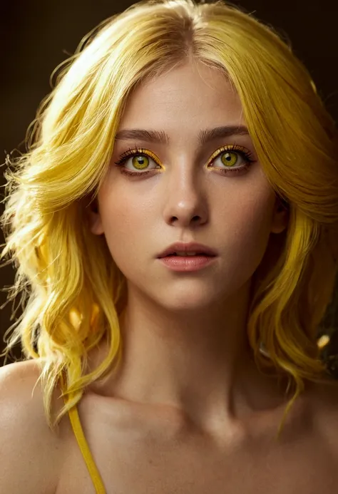 (masterpiece, best quality), intricate details, 1girl, yellow hair, yellow eyes, mascara, bare shoulders,