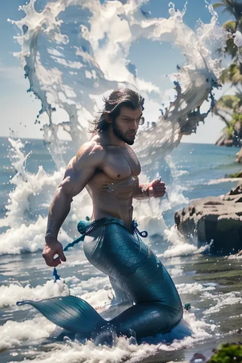 Muscle male mermaid, merman, muscles, male bodybuilder, blue mermaid tails, long beard, black longhair, lie on rocks, water wave, rocks, wallpaper