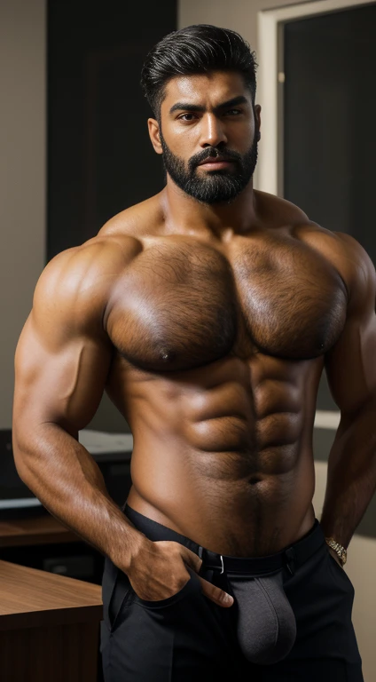 An award-winning original photo，A wild muscular indian man, (thick beared 25 years old:1.3), 1boy, Solo, (opened business suit), (opened trouser), standing in luxury office, black hair, (big shoulders), musculature, stubbles, beard, Beautiful eyes:1.3, ), ...