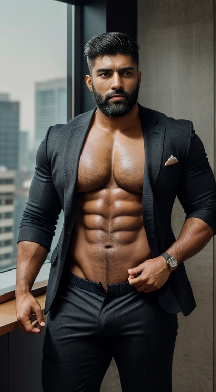 An award-winning original photo，A wild muscular indian man, (thick beared 25 years old:1.3), 1boy, Solo, (opened business suit), (opened trouser), standing in luxury office, black hair, (big shoulders), musculature, stubbles, beard, Beautiful eyes:1.3, ), ...