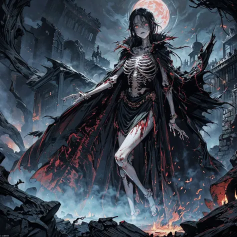 full-body shot, wide-angle lens, upward shot, best quality, 4K, high resolution, masterpiece, Very detailed, Mood lighting, A black hair undead girl in a long cape, Whole body including hands & arms & legs & feet are all skeleton bones but except the head ...