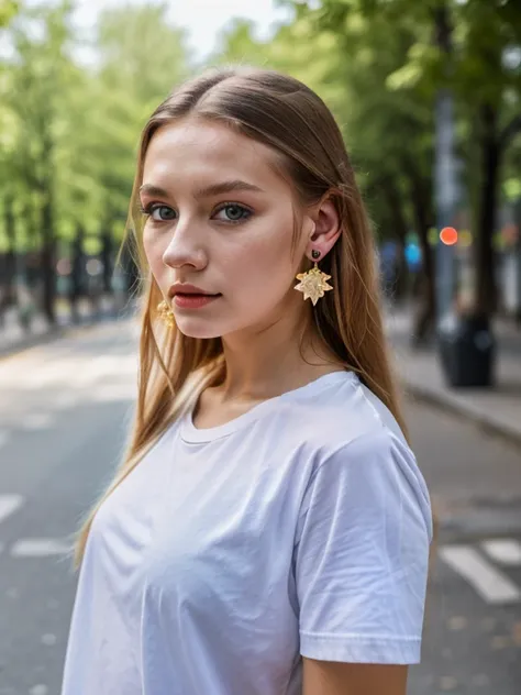 top quality, masterpiece, ultra high resolution, (Real: 1.4), Original photo, (Vechernyaya Street), 1 girl, black eyes, I look at the audience, long hair, light makeup, lips, small ears, White T-shirt, denim shorts, earrings, slim, careful, Park