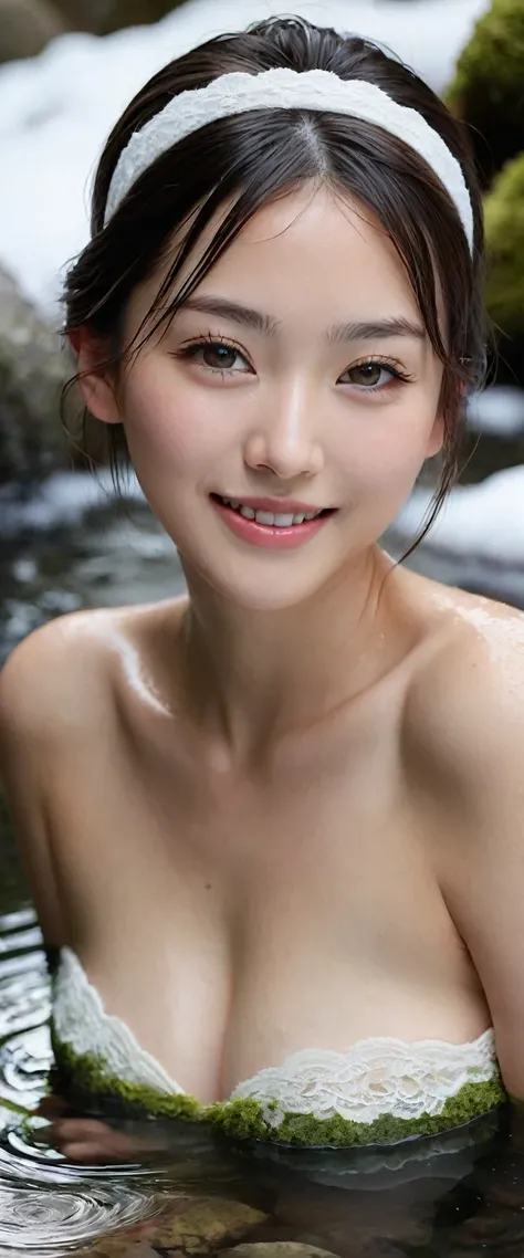 best quality, Masterpiece, Ultra high resolution, 26 year old female model soaks in hot water in Japan, outdoor hot spring, stone hot spring, Surrounded by moss and trees, Very beautiful face, pure body, The pores can be clearly seen., (smile:0.8), Wear se...