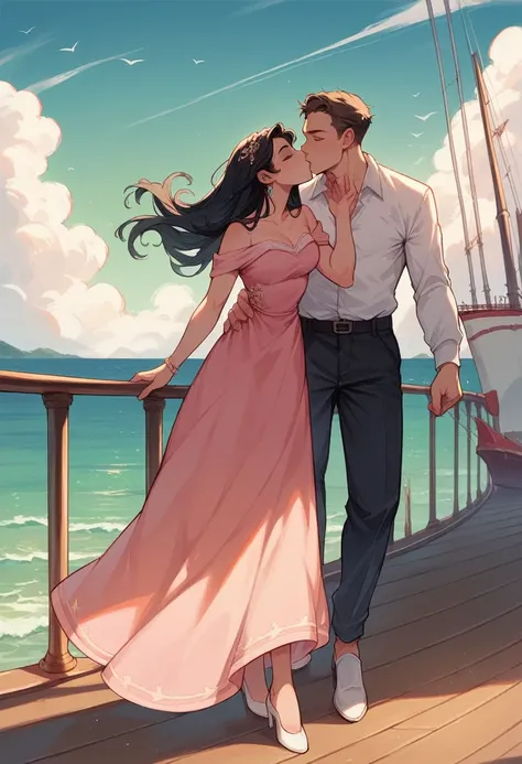 Beautiful black woman, blue eyes, walking on a luxury ship, pink dress and white high heels, 1 marine man, he kisses and runs her dress with his hand