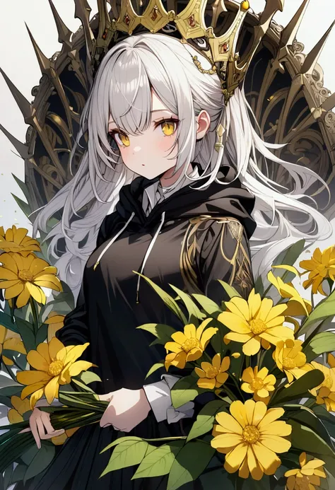 female, girl, student, Black hoodie, white hair, yellow eyes, shot, crowned, holding a yellow flower, white shirt, black skirt