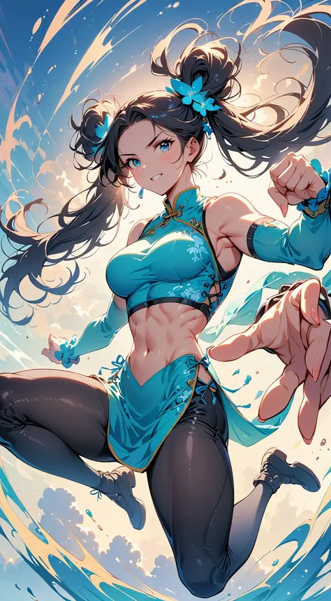 beautiful  muscular woman and doing a jumping kick, six pack, long twin tails ,women in background , Chinese dress crop top,  and leggings , full body portrait from behind