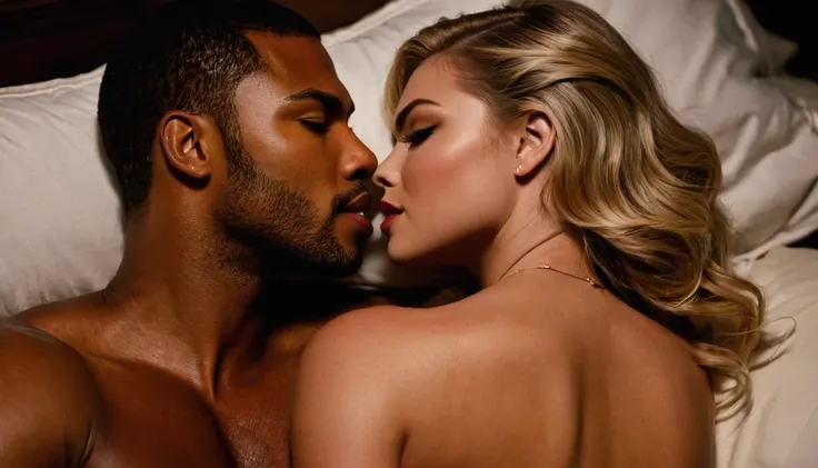 Kate Upton and a handsome African American male whose facial features are a combo of Charles Michael Davis + Isaiah Mustafa + Broderick Hunter share a steamy kiss inside a bedroom lit only by candlelight. Kate has lovely makeup on her face. Nighttime. Roma...