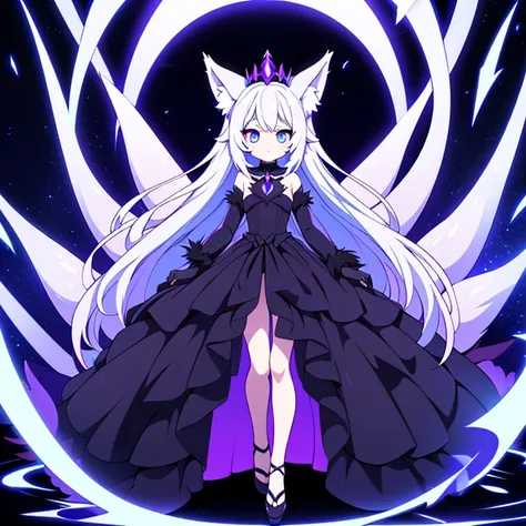 Full body, beautiful eyes , 1 girl  , full body , cute girl , anime style , cute eyes  , (standing up) , (Voidfurs form is sleek and ethereal, with its once-blue markings now glowing a dark, void-like purple. Its fur has a deep, obsidian black hue, and its...