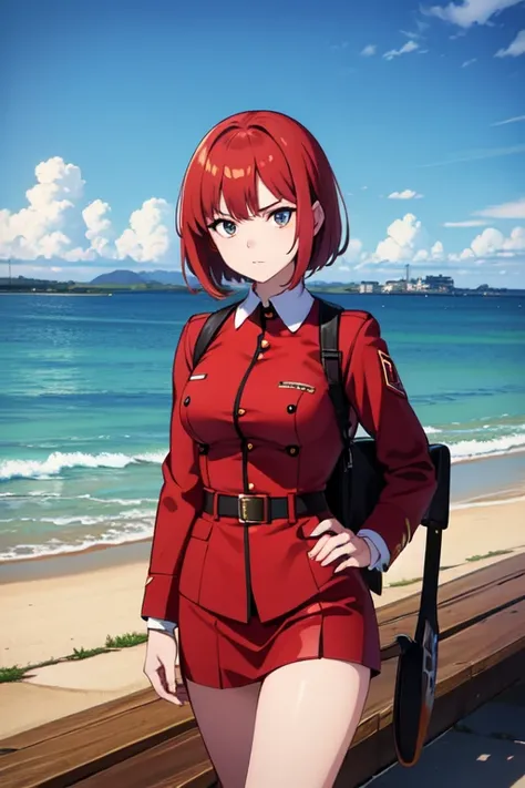 An absurd solution, High resolution, (masterpiece: 1.4), Super detailed, Weapons testing site on an empty pier by the sea, One young woman, Short Red Hair, soldier outfit, very serious look