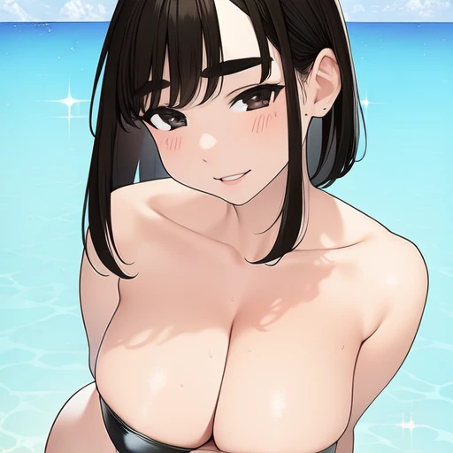 nsfw,(masterpiece, Highest quality:1.2), One girl, alone,Black Hair,Black eyebrows,Big Breasts,At the Beach,Show off your breasts,Seduce,Inviting