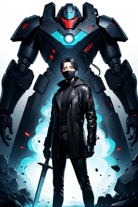 1 robot,man,Wear a fierce looking mask.,The left and right shoulders have guns.,Wear a long black leather coat.,The right arm is equipped with a blue sword.,Put on gloves,Black Pants,he is fighting