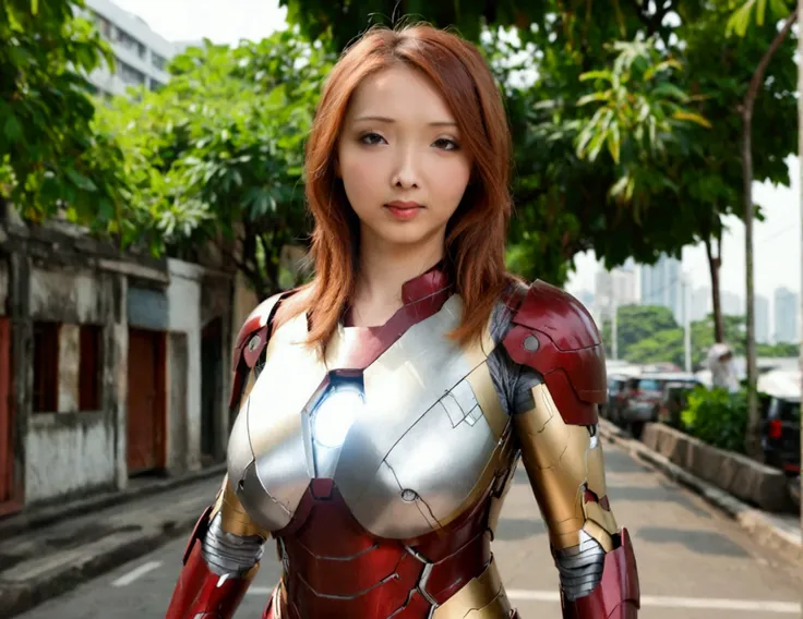 A cute woman (age 25, sexy Iron Man armor) is in the role of super hero Iron Man. She is saving Bangkok in the daytime, heroic struggle, good vs evil