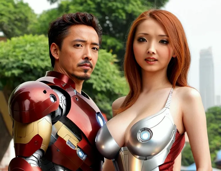 A cute woman (age 25, sexy Iron Man armor) is in the role of super hero Iron Man. She is saving Bangkok in the daytime, heroic struggle, good vs evil
