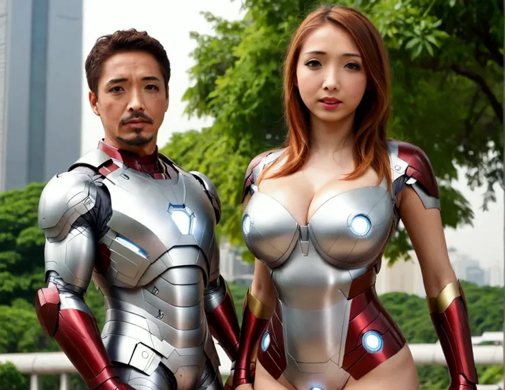 A cute woman (age 25, sexy Iron Man armor) is in the role of super hero Iron Man. She is saving Bangkok in the daytime, heroic struggle, good vs evil
