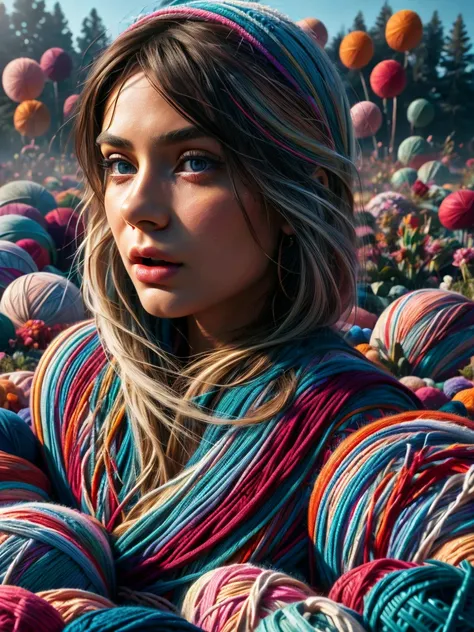 a girl running away from a huge ball of yarn, beautiful detailed eyes, beautiful detailed lips, extremely detailed eyes and face...