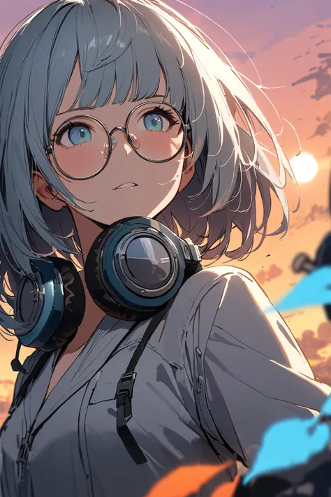 (extremely detailed fine touch:1.3), (((silver semi-rimless round eyewear:1.3))), (wear silver headphones around neck:1.2), short hair, blunt bangs, glowing cool 1girl, 2.5d face, profile, Smoke a cigarette, sunset, dieselpunk, zentang,