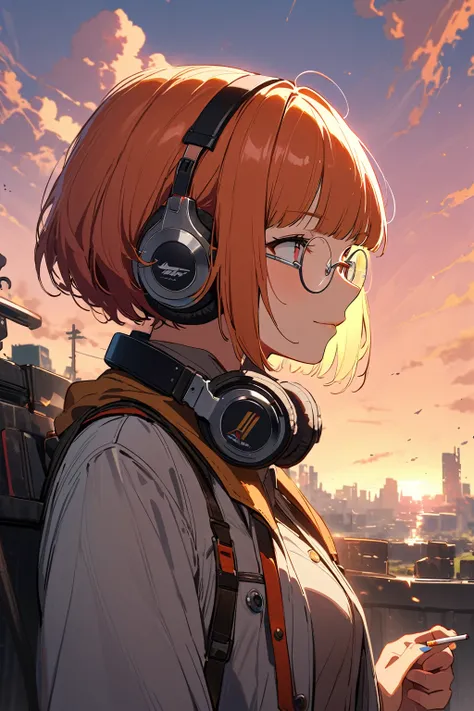 (extremely detailed fine touch:1.3), (((silver semi-rimless round eyewear:1.3))), (wear silver headphones around neck:1.2), short hair, blunt bangs, glowing cool 1girl, 2.5d face, profile, Smoke a cigarette, sunset, dieselpunk, zentang,