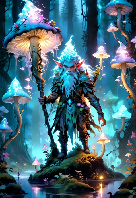 a beautiful tall ice-elf on a forest path at twilight standing on an incredibly large bio luminous ice-mushroom holding a bow and arrow, Ultra detailed illustration of a person lost in a magical world of wonders, glowy, translucent, transparent, biolumines...