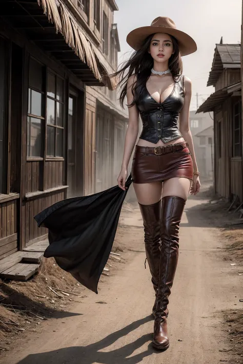 Full body cowboy woman circa 1880s, Brown long straight hair, Brown eyes, High arched eyebrows, Slender and graceful neck, Red lips, Large Breasts, Brown Leather Tights, Sleeveless Brown Leather Vest, Leather Boots, Walking on the dusty sandy streets of a ...