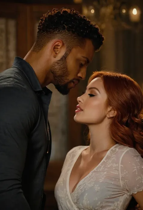 Isaiah Mustafa as Luke Garroway and Maxim Roy as Jocelyn Fray, both from the Freeform television series "Shadowhunters", share a steamy kiss inside a bedroom lit only by candlelight. Maxim is a beautiful Caucasian female with red hair and light white skin....