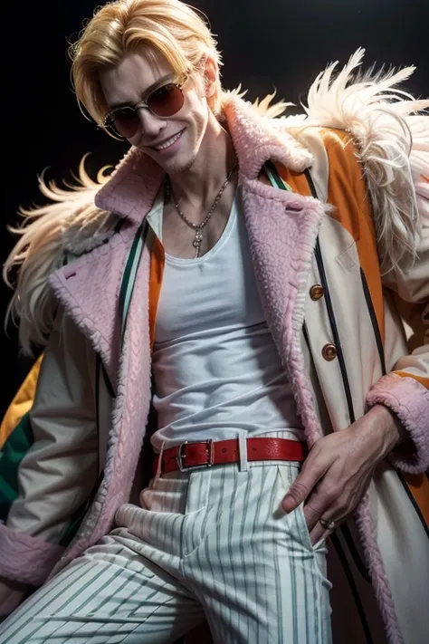 Tall man, Crazy man, sadistic smile, blondie hair, brawny, skin tanned, white  shirt, green belt, orange pants with white stripes, shoes black, sunglasses with red and purple lenses, pink feather coat on the back, royalty theme