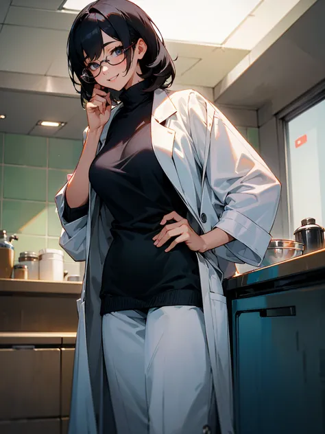          1female, black hair, beautiful, busty, adult, lab coat, glasses, sweater, inside kitchen, smile