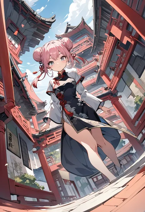 Anime Style, Grey Eyes, short, Chinese Costume, whole body,Pink Hair,  Grey Eyes,, Wide-angle shot,bun hair,Beautiful background,Chinese architecture