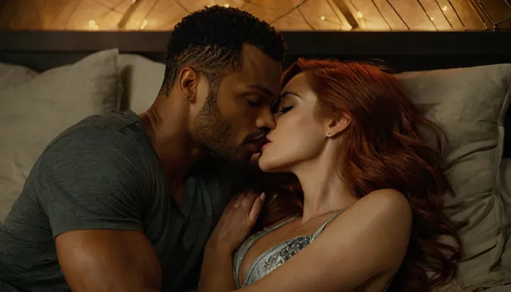 Isaiah Mustafa as Luke Garroway and Maxim Roy as Jocelyn Fray, both from the Freeform television series "Shadowhunters", share a steamy kiss inside a bedroom lit only by candlelight. Maxim is a beautiful Caucasian female with red hair and light white skin....