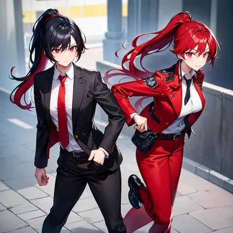 imtdzhuyuan, black hair, red hair, cropped jacket, multicolored hair, two tone hair, streaked hair, gloves, blue jacket, ponytail, red eyes, green necktie, collared shirt, bangs, pants, bodysuit, uniform, police,big breasts 