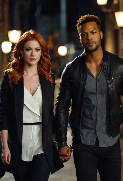 Isaiah Mustafa as Luke Garroway and Maxim Roy as Jocelyn Fray, both from the Freeform television series "Shadowhunters", enjoy an evening stroll. Maxim is a beautiful Caucasian female with red hair and light white skin. Both are dressed attractively for a ...