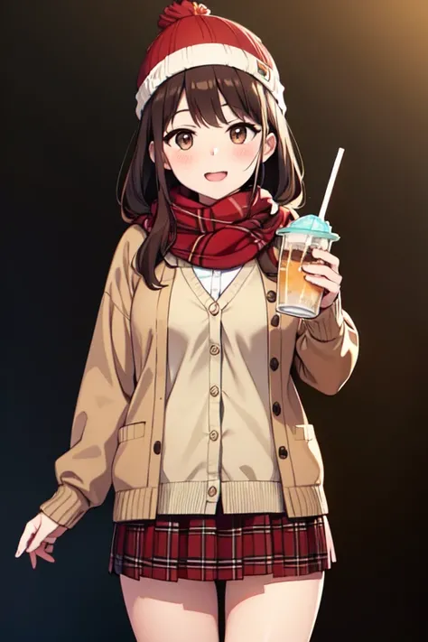 One girl, 紅leaf, bangs, Black Hat, Blurred Background, blush, Brown eyes, Brown Hair, brown scarf, brown skirt, cardigan, coffee, Cowboy Shot, cup, disposable cup, drink, 落ちleaf, Beanie, Holding, Holding drink, leaf, Long Hair, Long sleeve, View your viewe...