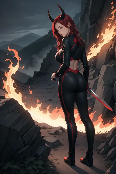 1girl, long bright red hair, long ear, black horn on head, large breast, black and red suit, pair of large black wing on the back, got tail, pale skin, smiling, fullbody shot, standing, night foggy mountain, holding sword made of fire, 