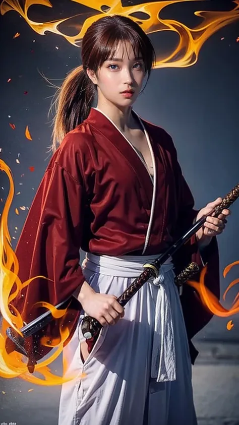 "Rurouni Kenshin",

A moment of frenzy,
capturing the essence of his fiery determination and indomitable spirit,
he exploded in rage,
the action with a straight sword in hand,
bold,
strongly conveying the raw power of Kenshins rage,
long hair, ponytail, re...