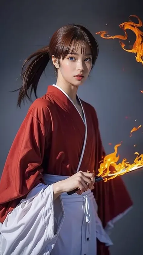 "Rurouni Kenshin",

A moment of frenzy,
capturing the essence of his fiery determination and indomitable spirit,
he exploded in rage,
the action with a straight sword in hand,
bold,
strongly conveying the raw power of Kenshins rage,
long hair, ponytail, re...