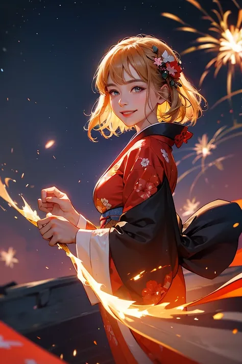 A beautiful smiling woman in a kimono with a large amount of fireworks exploding in the night sky