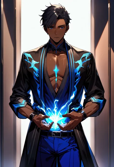 Handsome young man with black hair, brown skin color, with blue electrical energy around him emanating from his body, 4K, HD, Dressed in clothes