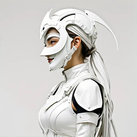 Bande dessinée. Cyberpunk. Plain white background. Full-length photo. Michelangelo style. Sculpture of heroines archaic smile profile wearing a metal mask falling to the ground.