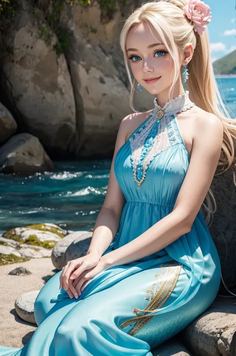 Blonde　ponytail　Light blue eyes　Seashell hair ornament　smile　Light blue mermaid frilly dress　Clear blue sea　Light of the sun 　Seashell piercing　Pink shells　live-action