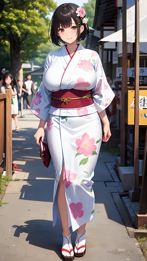 Standing wearing yukata、Outstanding smile、 milf 、Japanes、huge breast、short hair、(gleaming skin:1.4)、arms behind back, pigeon toed, Esbian all over body、(outdoor, Japanese festival:1.2)