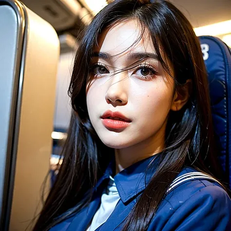 ((best quality)), ((masterpiece)), (highly detailed), 1 girl, stewardess costume, on a airplane, 8K, seen in the image is her whole form, with a full body portrait shot, realistic photo, beautiful face, shiny face, shiny skin