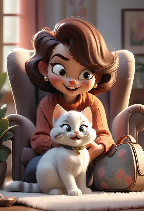 A cozy living room with Kitty, a small kitten, holding a tiny purse and looking excited. Her Mama, a larger cat, is standing nearby, smiling warmly.Elements: Comfortable furniture, warm lighting, Kitty’s excited expression, Mama’s gentle smile.