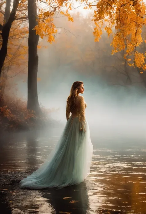 A breathtakingly beautiful and voluptuous woman, her figure accentuated by the translucent attire that hugs her curves. She seems to be floating effortlessly through the dense fog, her ethereal presence casting an otherworldly glow. The diaphanous material...