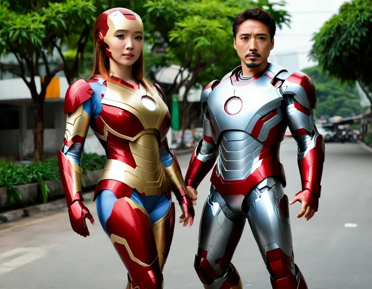 A cute woman (age 25, sexy Iron Man armor) is in the role of super hero Iron Man. She is saving Bangkok in the daytime, heroic struggle, good vs evil
