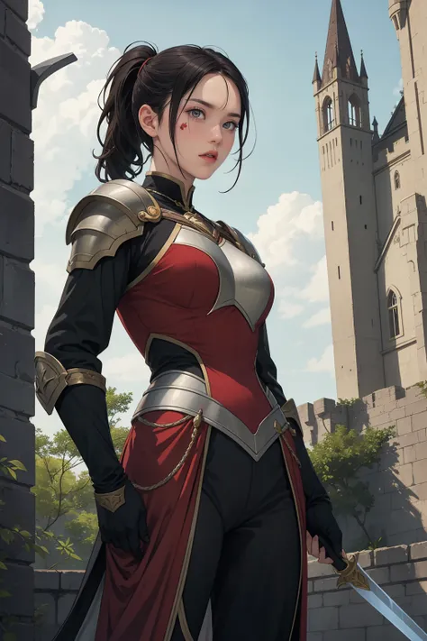 1 girl, black ponytail hair, wearing black knight armor, standing outside castle, holding up high long sword, serious face, bleedand cut all over her face, 