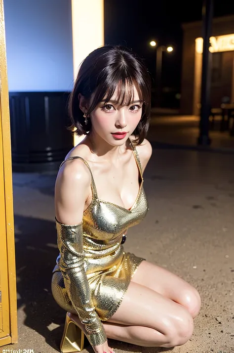 (photo-realistic:1.3), (8k, best quality:1.2), ultra-detailed, glamorous, sharp focus, solo, extremely detailed face and eyes, beautiful hair, ((short hair, Versace metallic mini dress, stiletto heels)), entering exclusive beach club, golden hour lighting
